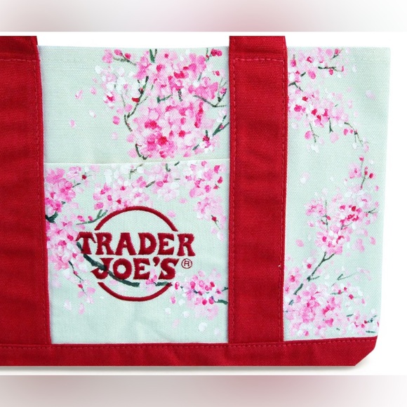 Hand Painted Trader Joe’s Mini Canvas Tote Cherry Blossom Floral Red Handle - Picture 3 of 4
